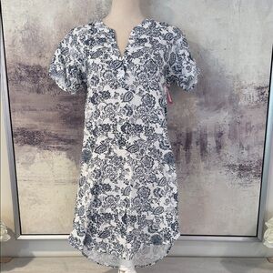 Curved Hem Henley Floral Print Blue/White Boho Women's Dress size XS